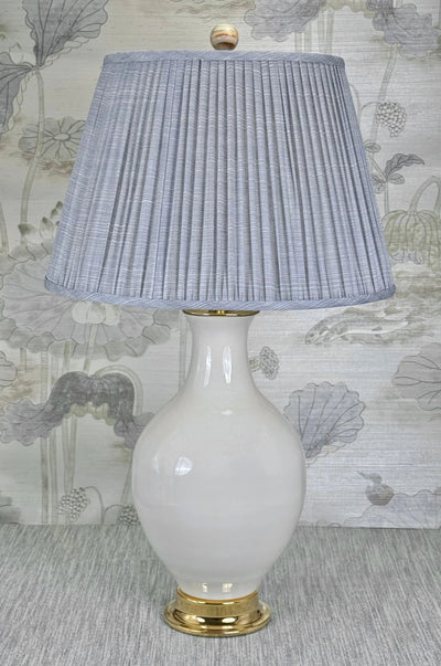 Green & Brown Striped Onyx Finial styled with a Fermoie strie lampshade on a Paul Schneider Athens ceramic lamp