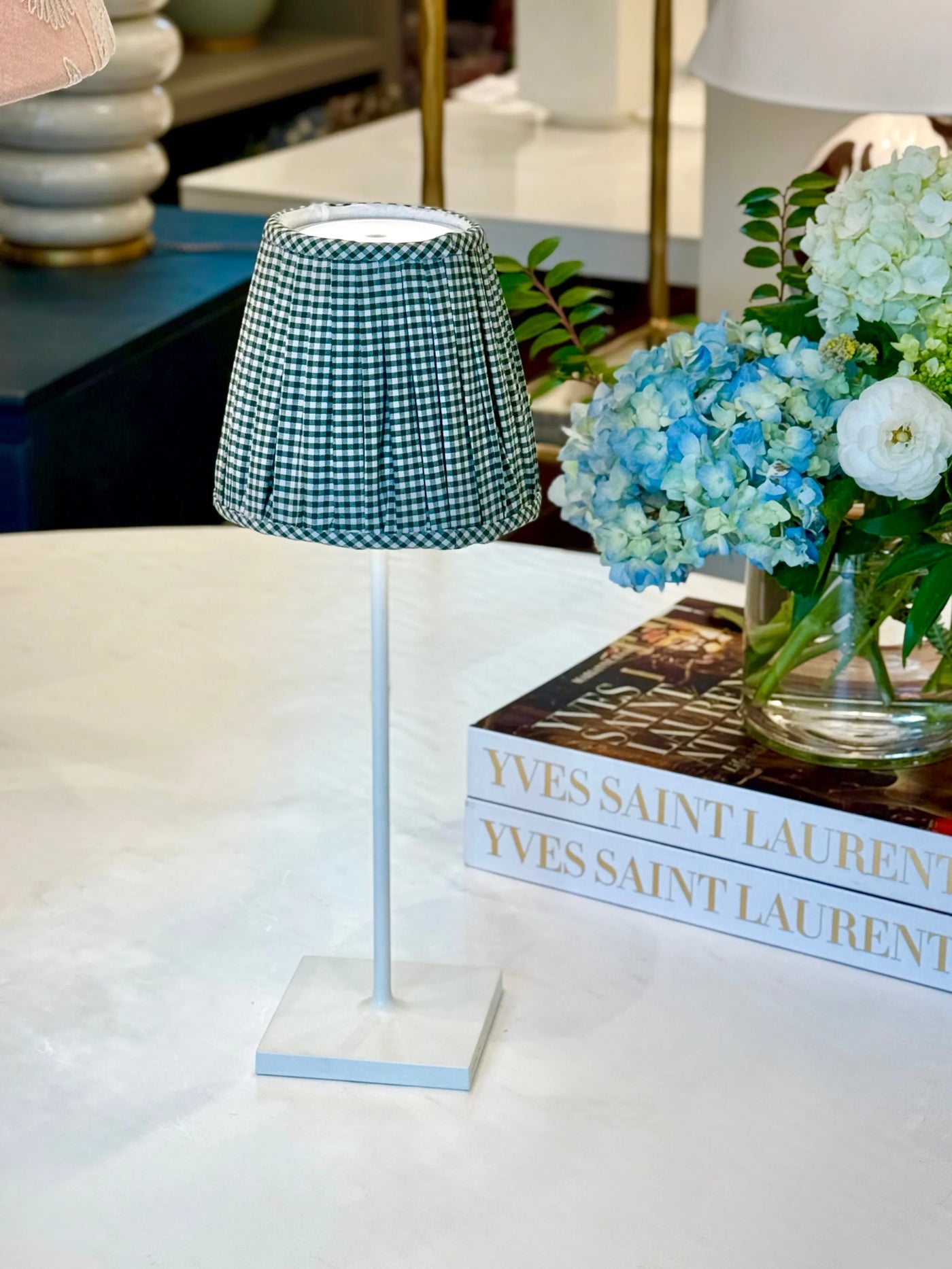 Green Gingham Lampshade for Poldina Pro & Pro Mini on white poldina lamp