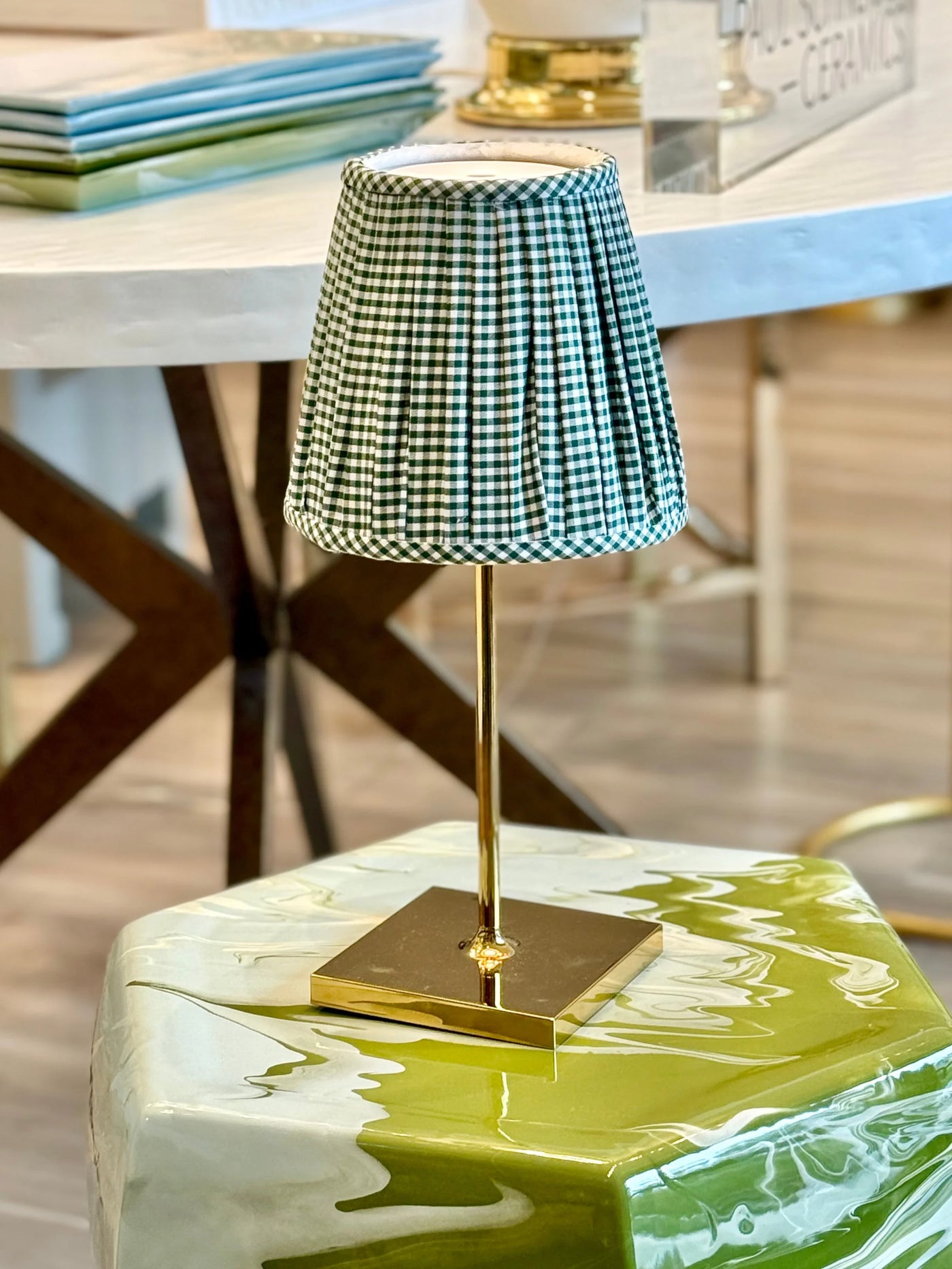 Green Gingham Lampshade for Poldina Pro & Pro Mini on glossy gold mini poldina lamp