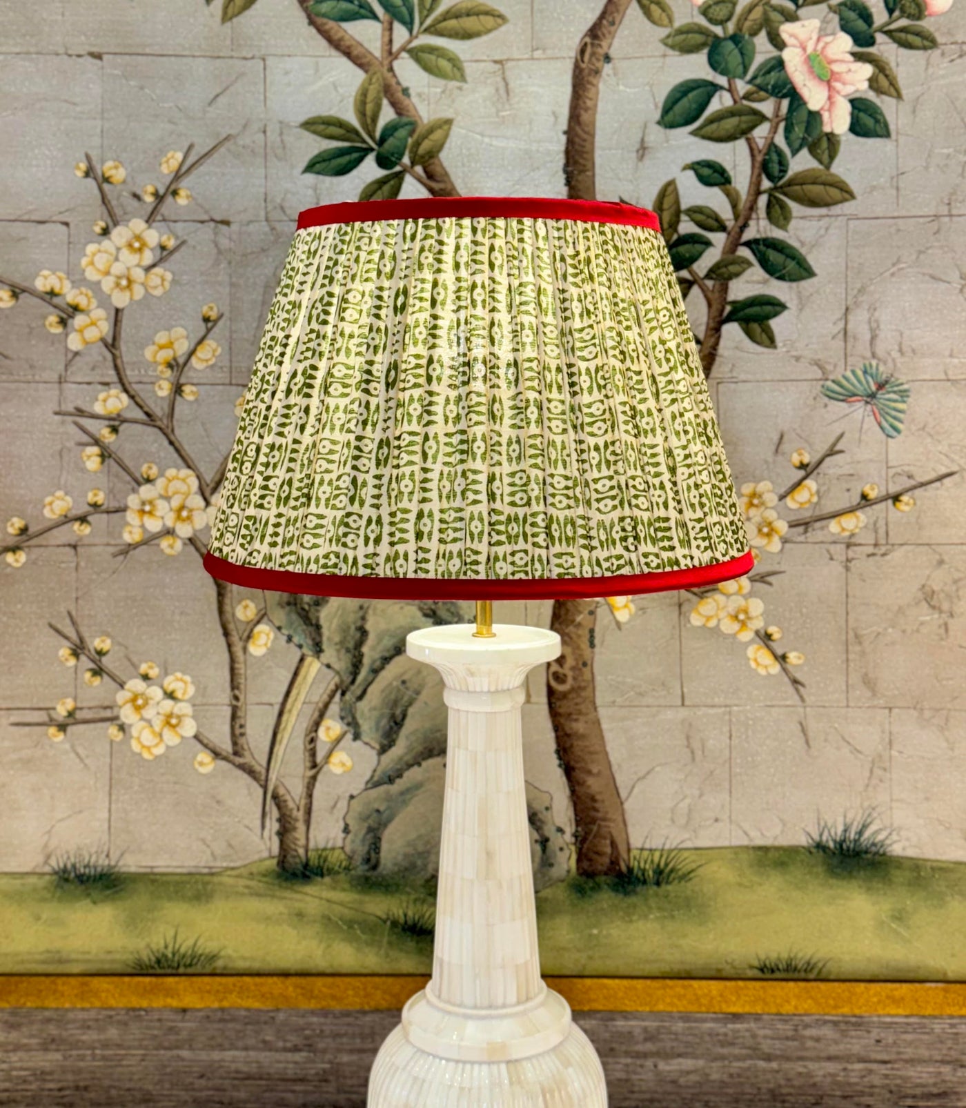 Penny Morrison Green on White Tribal Pleated Silk Lampshade with Red Trim