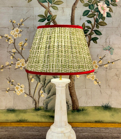 Penny Morrison Green on White Tribal Pleated Silk Lampshade with Red Trim