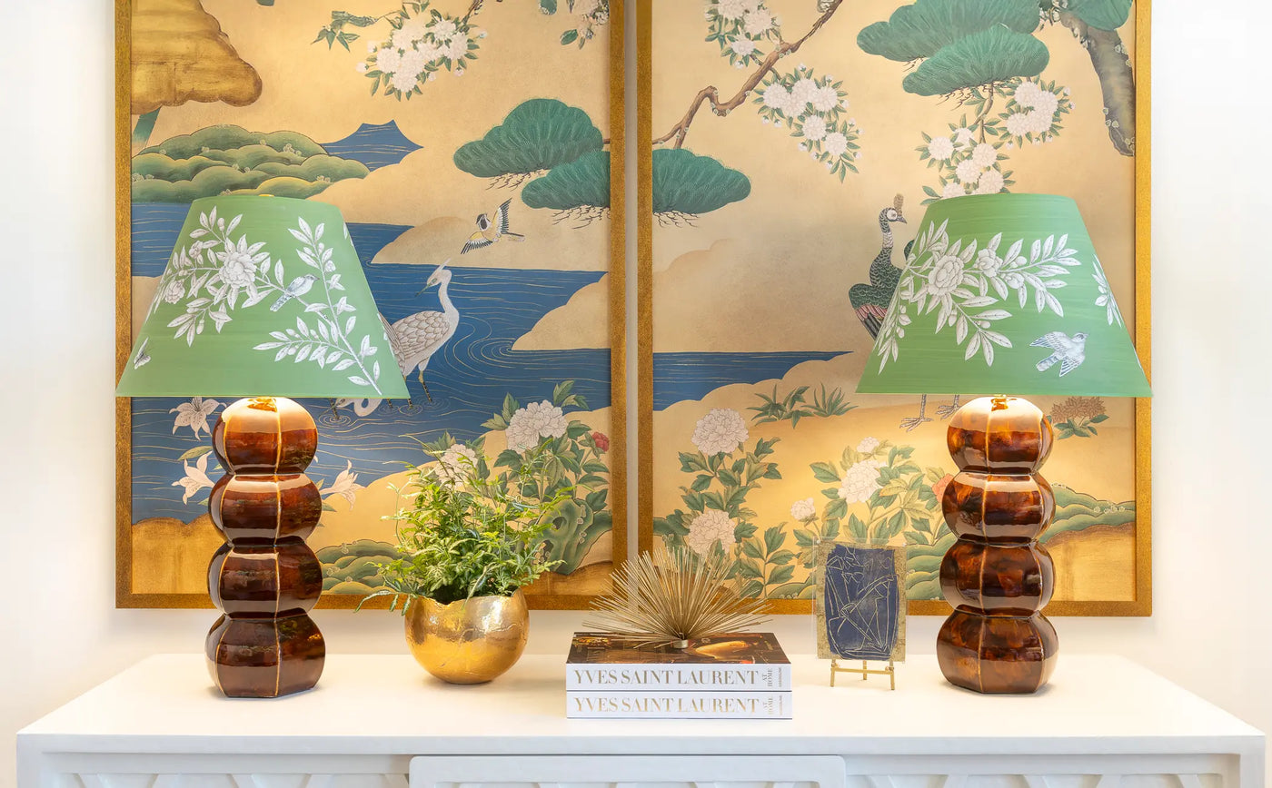 Hero banner showing two lamps with green floral lampshades shade shop