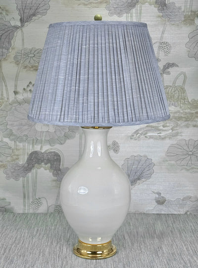 Hemlock Green Ceramic lamp finial styled with a Fermoie strie lampshade on a Paul Schneider Athens ceramic lamp