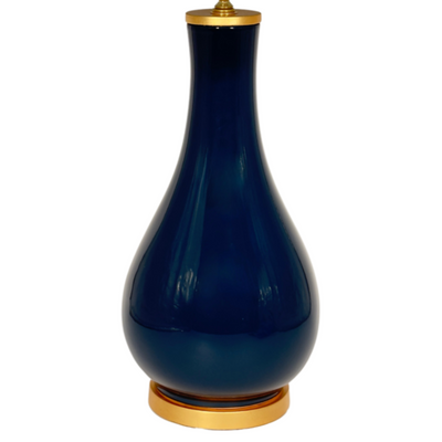 Large Porcelain Navy Blue Lamp, Gold Leaf Base