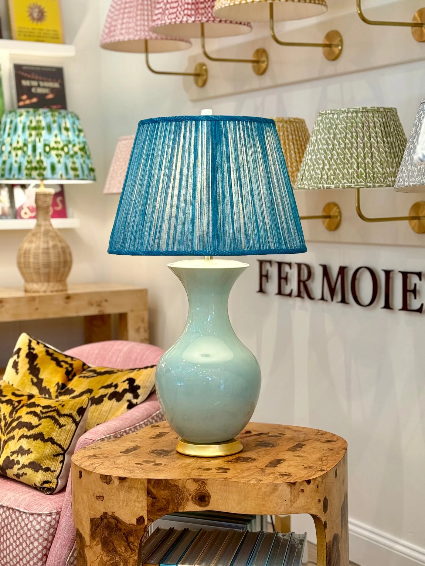Hwang Bishop Empress Table Lamp in Blue Celadon with Fermoie Suede Shoes lampshade
