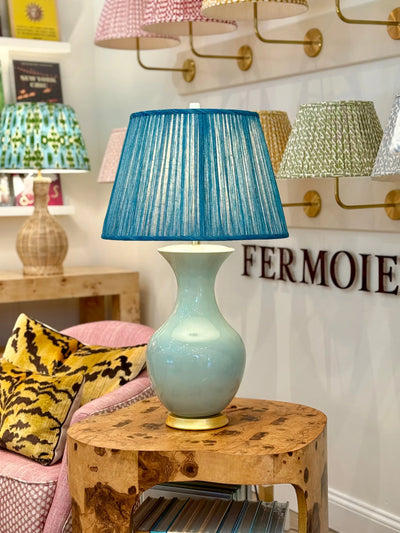 Hwang Bishop Empress Table Lamp in Blue Celadon with Fermoie Suede Shoes lampshade