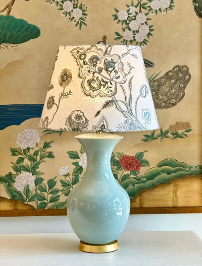 Hwang Bishop Empress Table Lamp in Blue Celadon with Shiraz embroiled lampshade