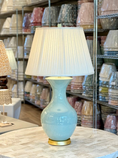 Hwang Bishop Empress Table Lamp in Blue Celadon with cream Fermoie lampshade