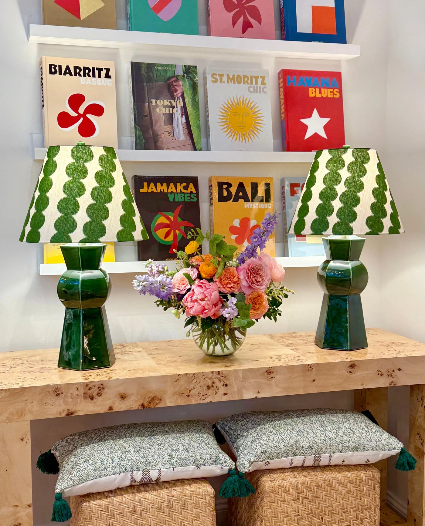 Hwang Bishop Medina Table Lamp in Thyme with full circle green lampshades