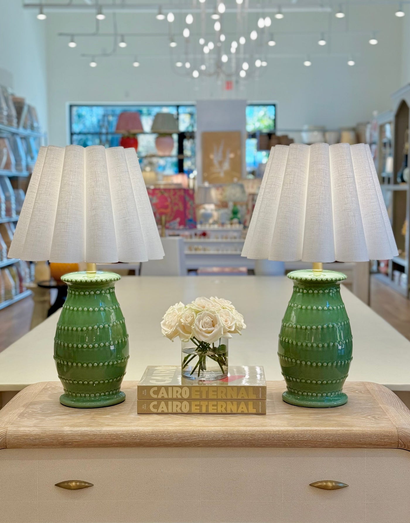 White Out Scallop Linen Hardback Lampshade on green caleb lamps