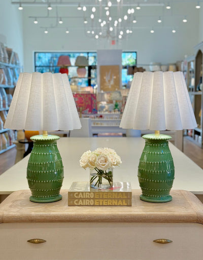 White Out Scallop Linen Hardback Lampshade on green caleb lamps