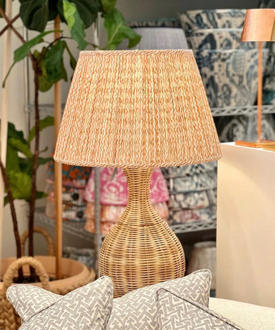 Fermoie Orange Popple Lampshade on a rattan lamp