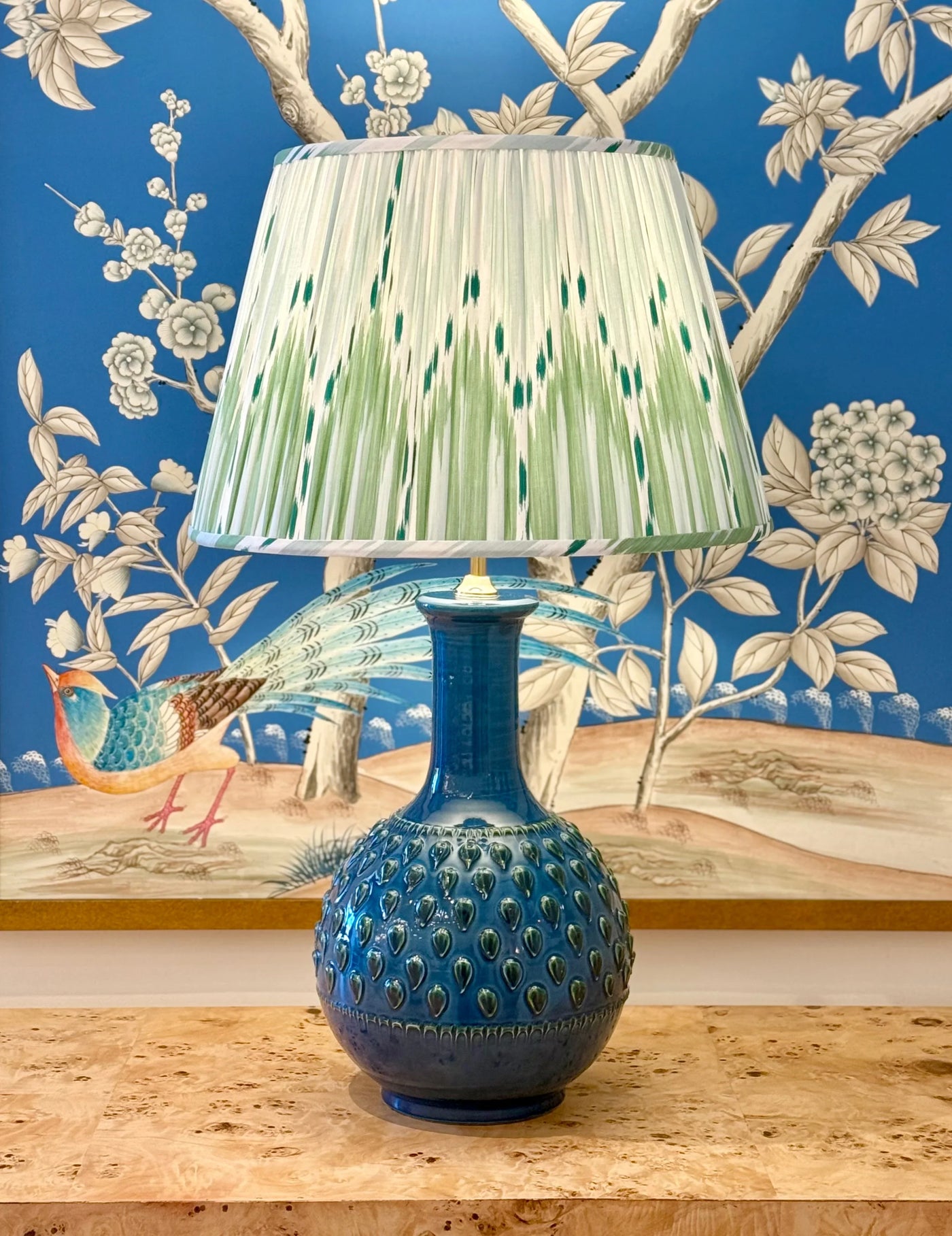 Bukhara Ikat in Mineral Blue & Leaf Green Fabric Lampshade on Penny Morrison Blue Amara
