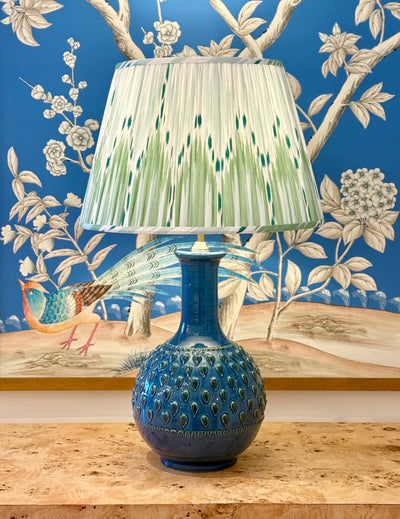 Bukhara Ikat in Mineral Blue & Leaf Green Fabric Lampshade on Penny Morrison Blue Amara