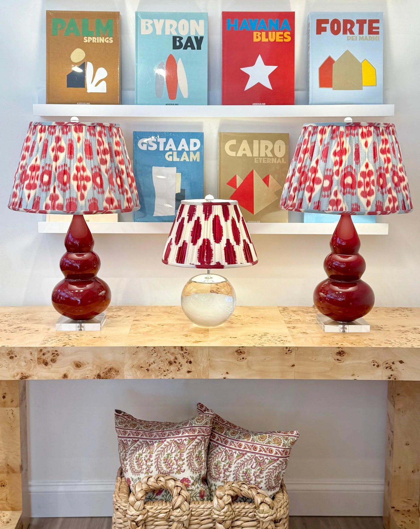 Hamilton Ikat in Sky Blue & Cherry Red Fabric Lampshade on Triple Gourd Accent Lamps in Sangria