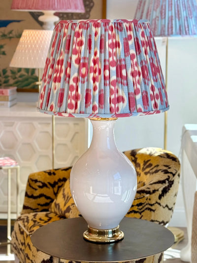 Hamilton Ikat in Sky Blue & Cherry Red Fabric Lampshade on Paul Schneider Athens white lamp