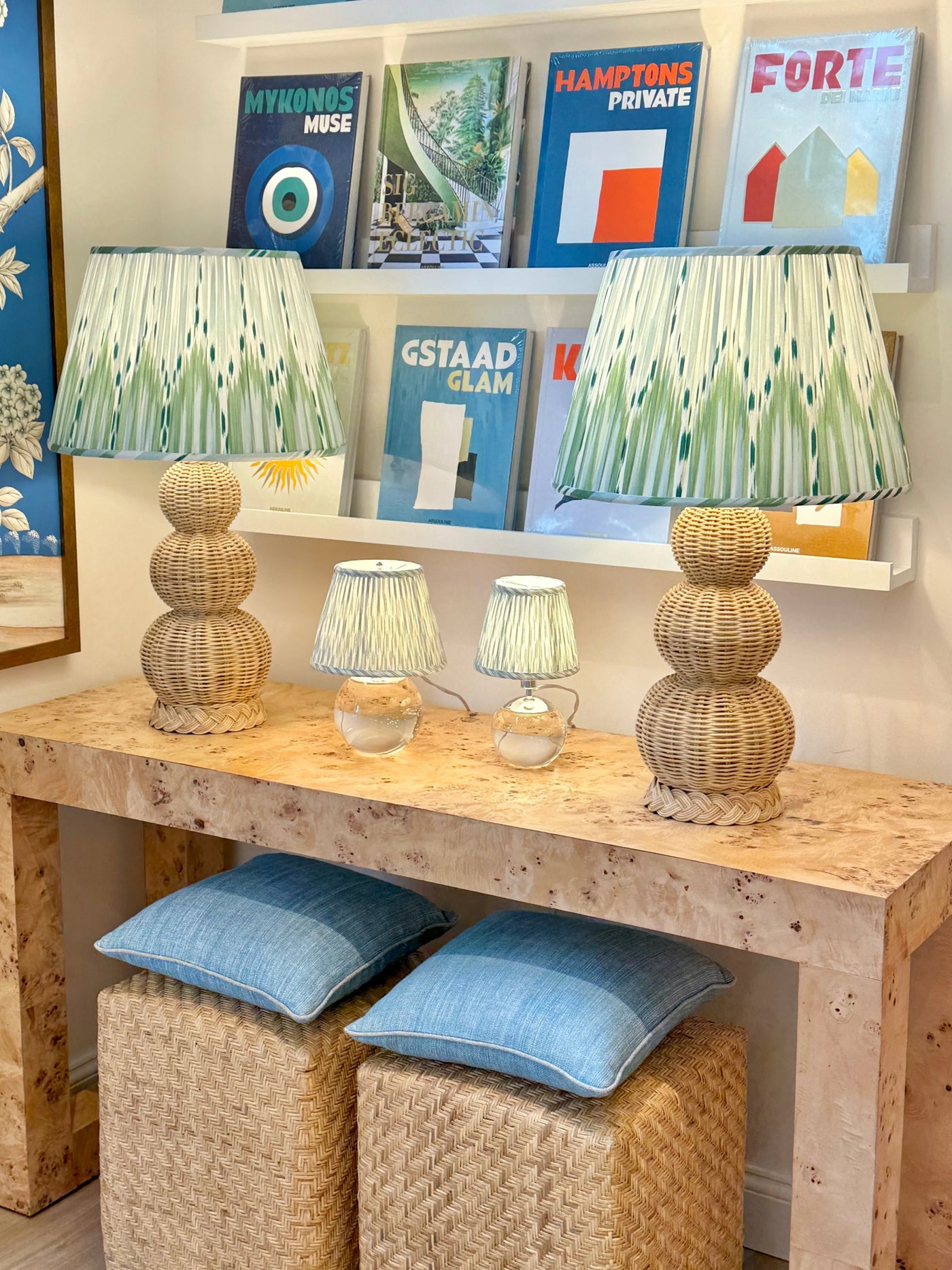 Bukhara Ikat in Mineral Blue & Leaf Green Fabric Lampshade on Fairfield Rattan Table Lamps