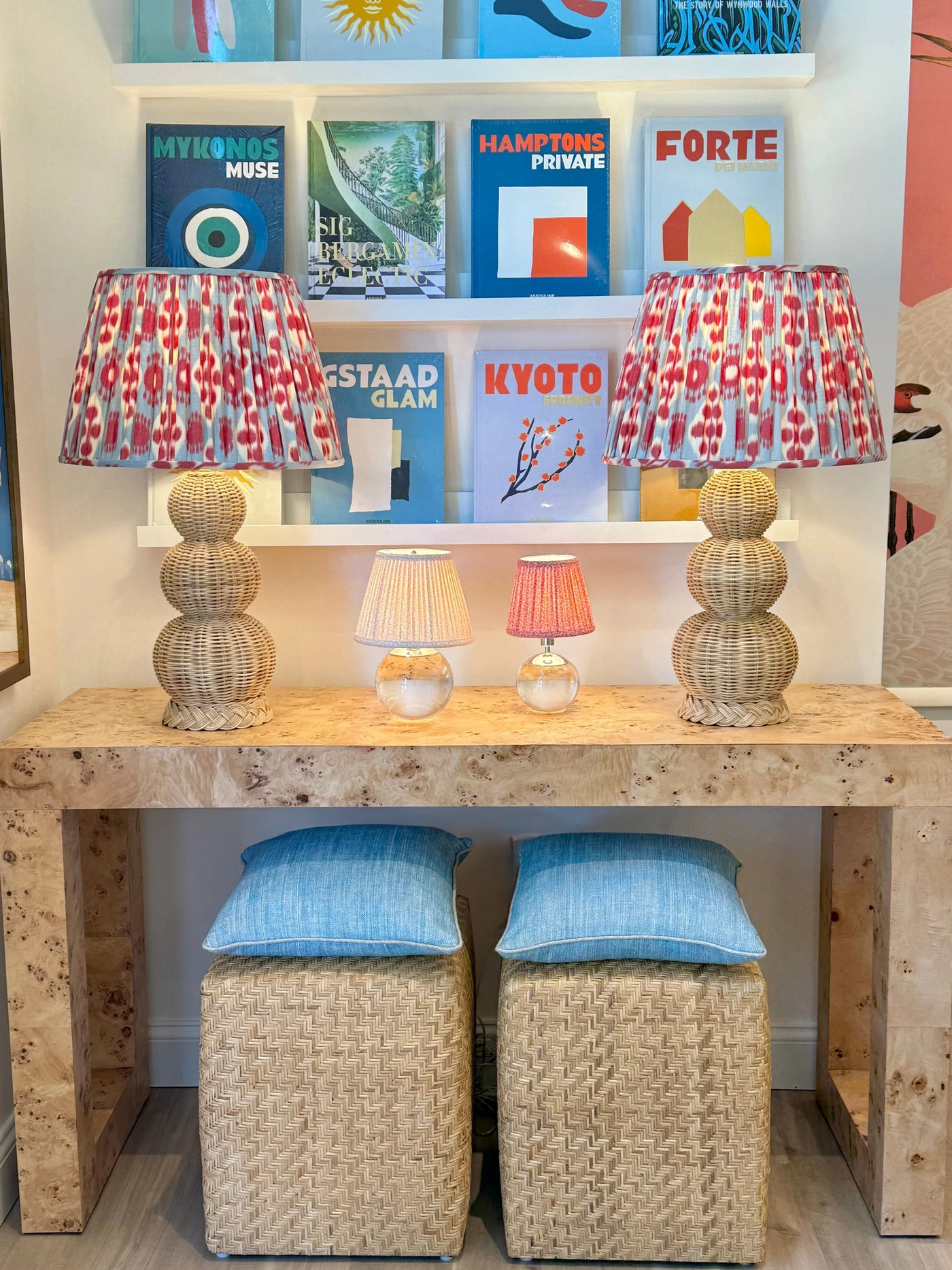 Schumacher - Hamilton Ikat in Sky Blue & Cherry Red Fabric Lampshade on Fairfield Rattan Table Lamps