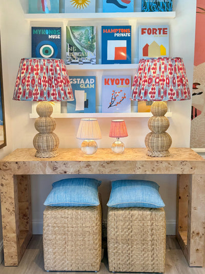 Schumacher - Hamilton Ikat in Sky Blue & Cherry Red Fabric Lampshade on Fairfield Rattan Table Lamps