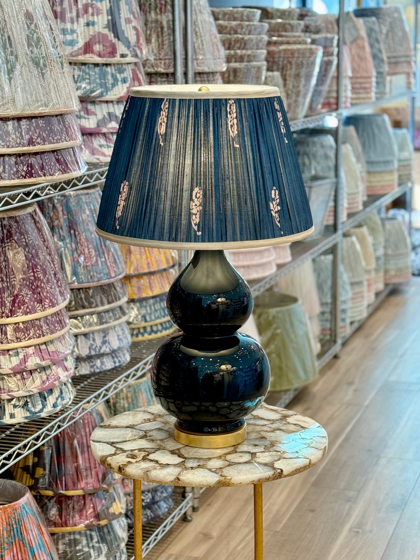 Teal & Taupe Sari Lampshade with Champagne Silk Trim