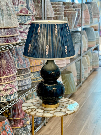 Teal & Taupe Sari Lampshade with Champagne Silk Trim