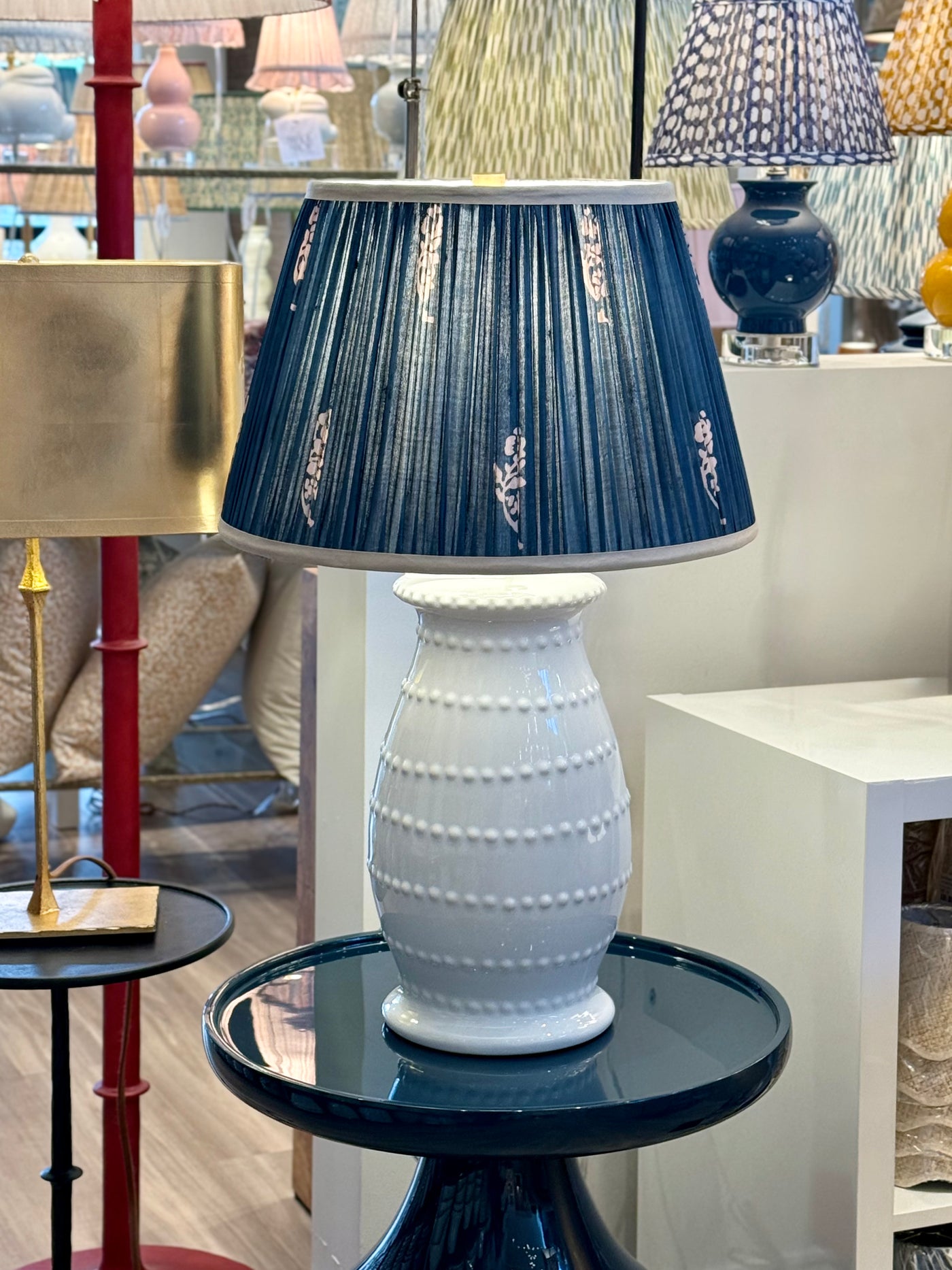Teal & Taupe Sari Lampshade with Champagne Silk Trim