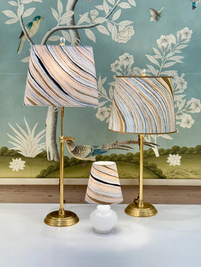 Rectangular lamp shade with hand-painted marble wallpaper in gold, blue, and grey