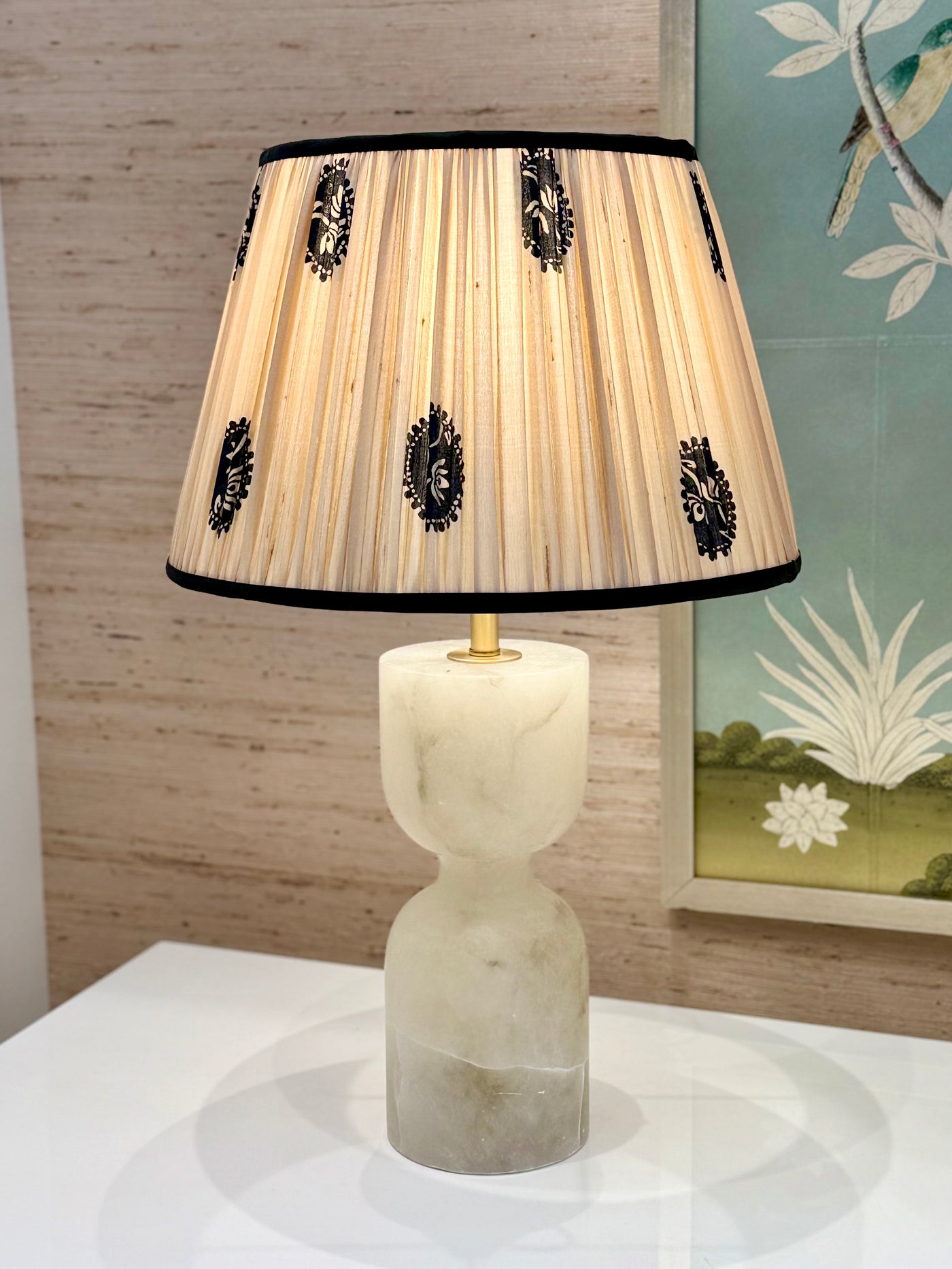 Black & Beige Sari Lampshade with Black Silk Trim