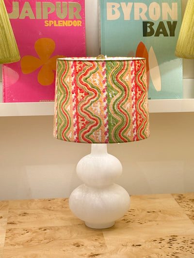 Tulu Textiles Wafaa in Green, Pink & Red Fabric Lampshade on mini lamp