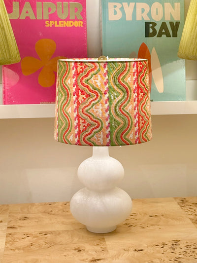 Tulu Textiles Wafaa in Green, Pink & Red Fabric Lampshade on mini lamp