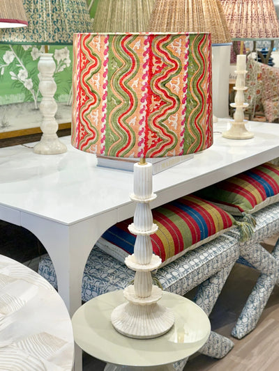 Tulu Textiles Wafaa in Green, Pink & Red Fabric Lampshade on Penny Morrison Karni Mata Table Lamp