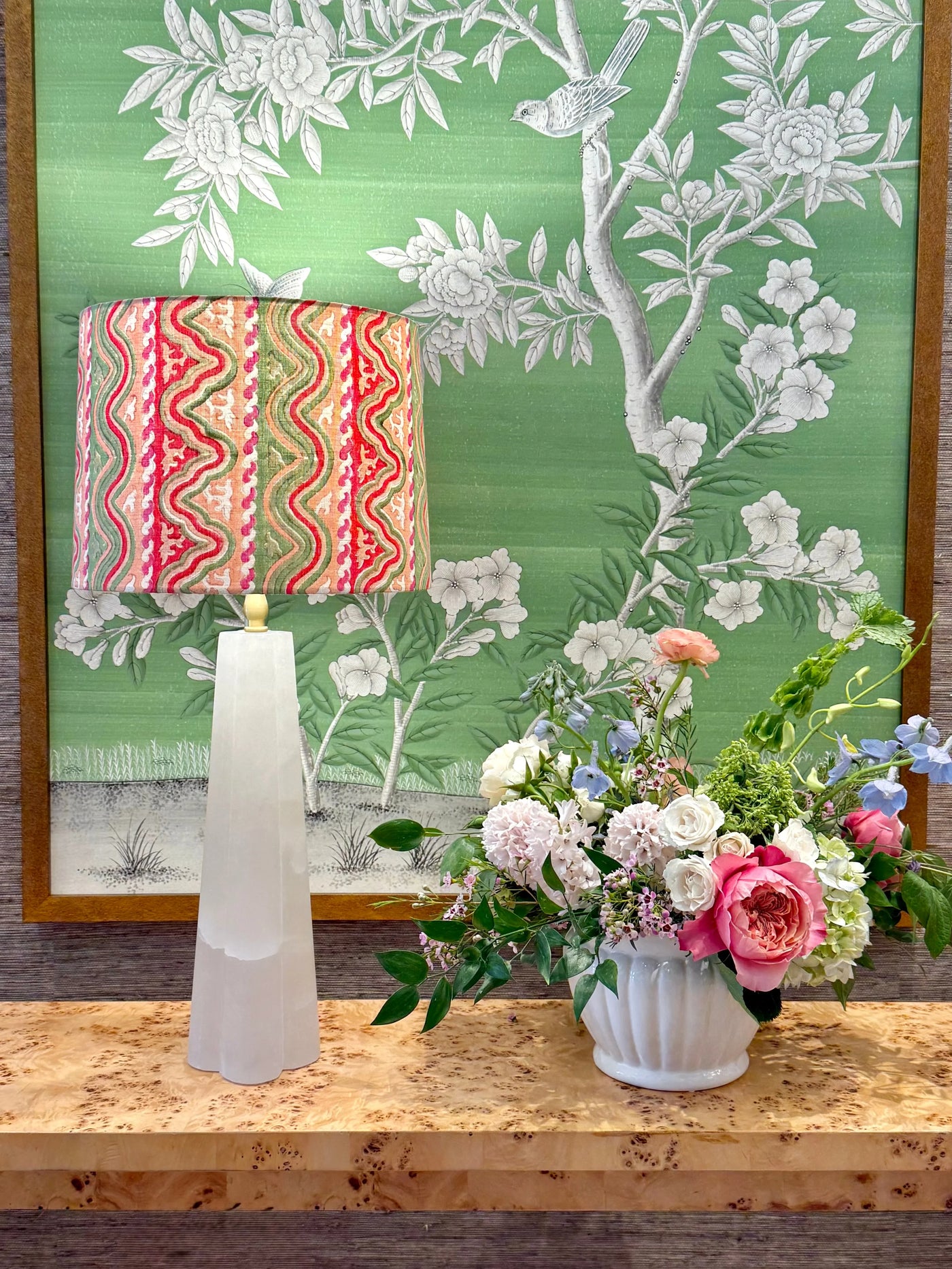 Tulu Textiles Wafaa in Green, Pink & Red Fabric Lampshade on Quatrefoil Alabaster Table Lamp