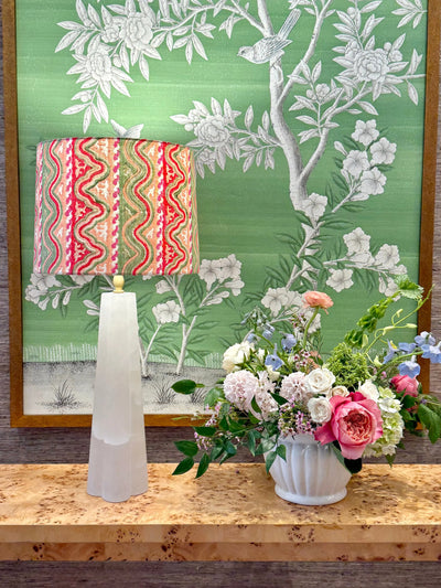 Tulu Textiles Wafaa in Green, Pink & Red Fabric Lampshade on Quatrefoil Alabaster Table Lamp