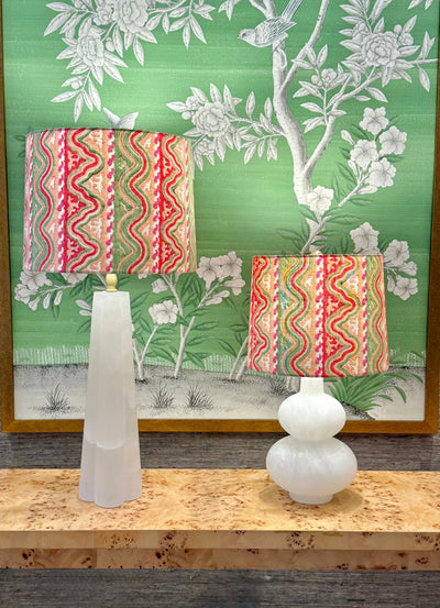 Tulu Textiles - Wafaa in Green, Pink & Red Fabric Lampshade on alabaster table lamps