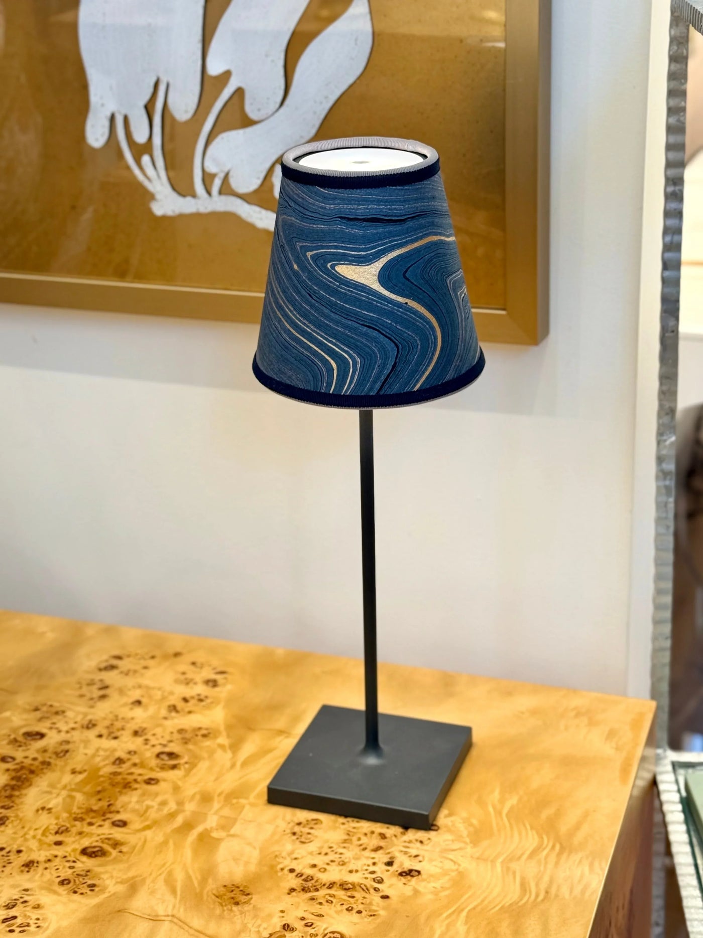 Sapphire marbled paper lamp shade with swirling gold pattern for Poldina Pro and Pro Mini