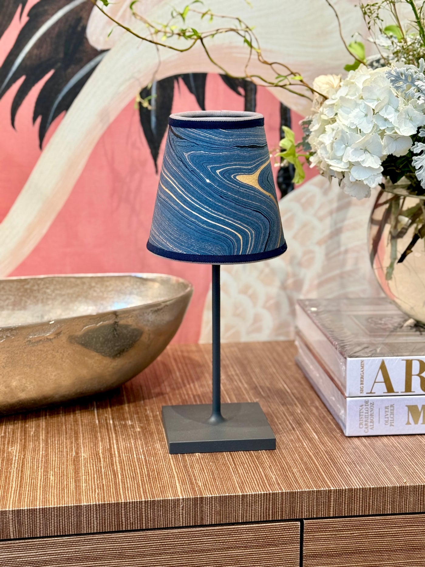 Sapphire marbled paper lamp shade with swirling gold pattern for Poldina Pro and Pro Mini
