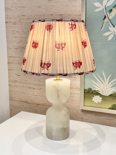 Beige silk lamp shade with red kissing fish print and pleated design