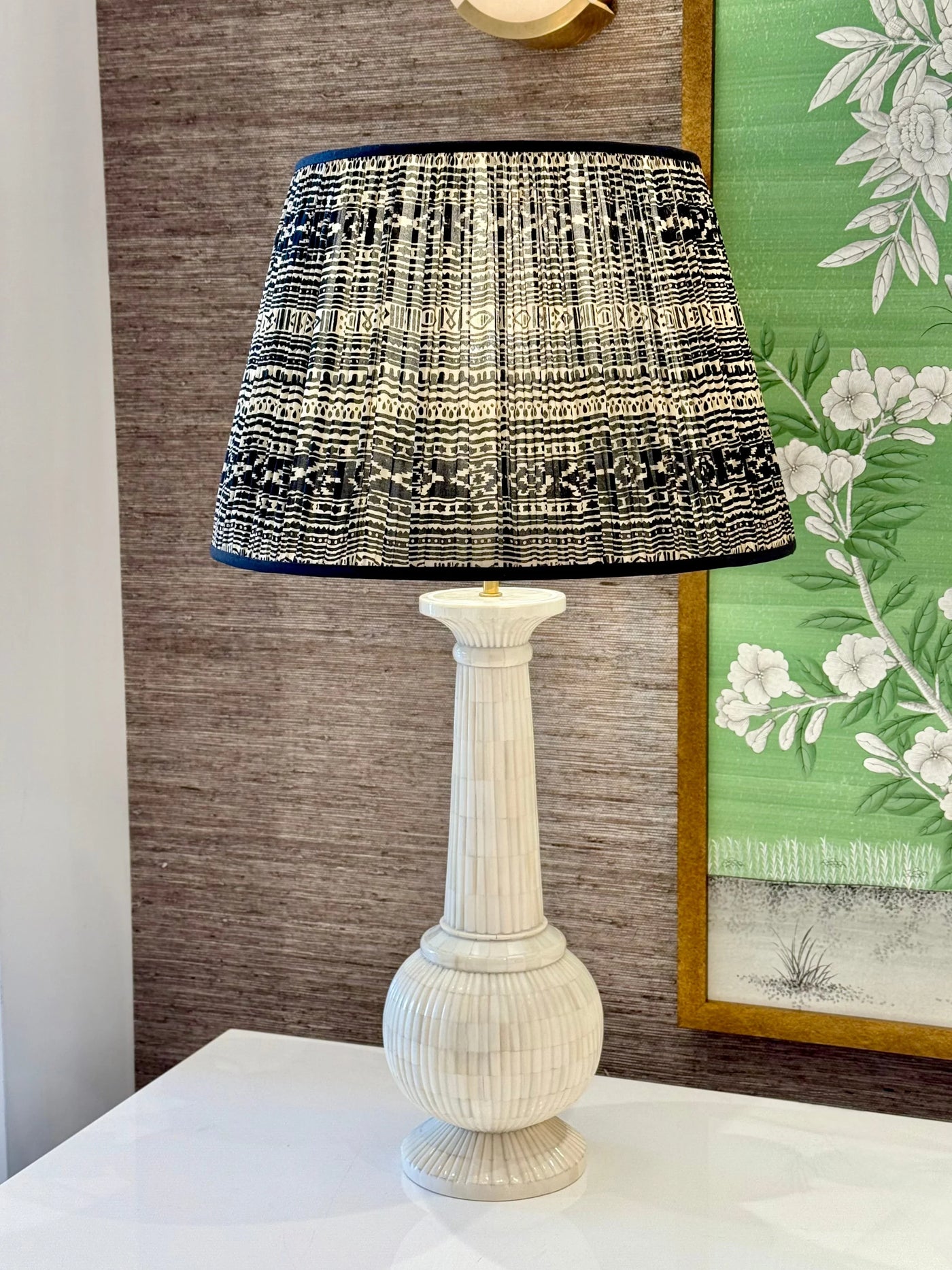 Black & Taupe Geometric Sari Lampshade with Black Trim on the Penny Morrison Savitri Table Lamp