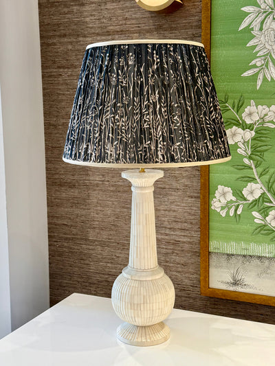 Pleated black and taupe silk lamp shade with champagne trim