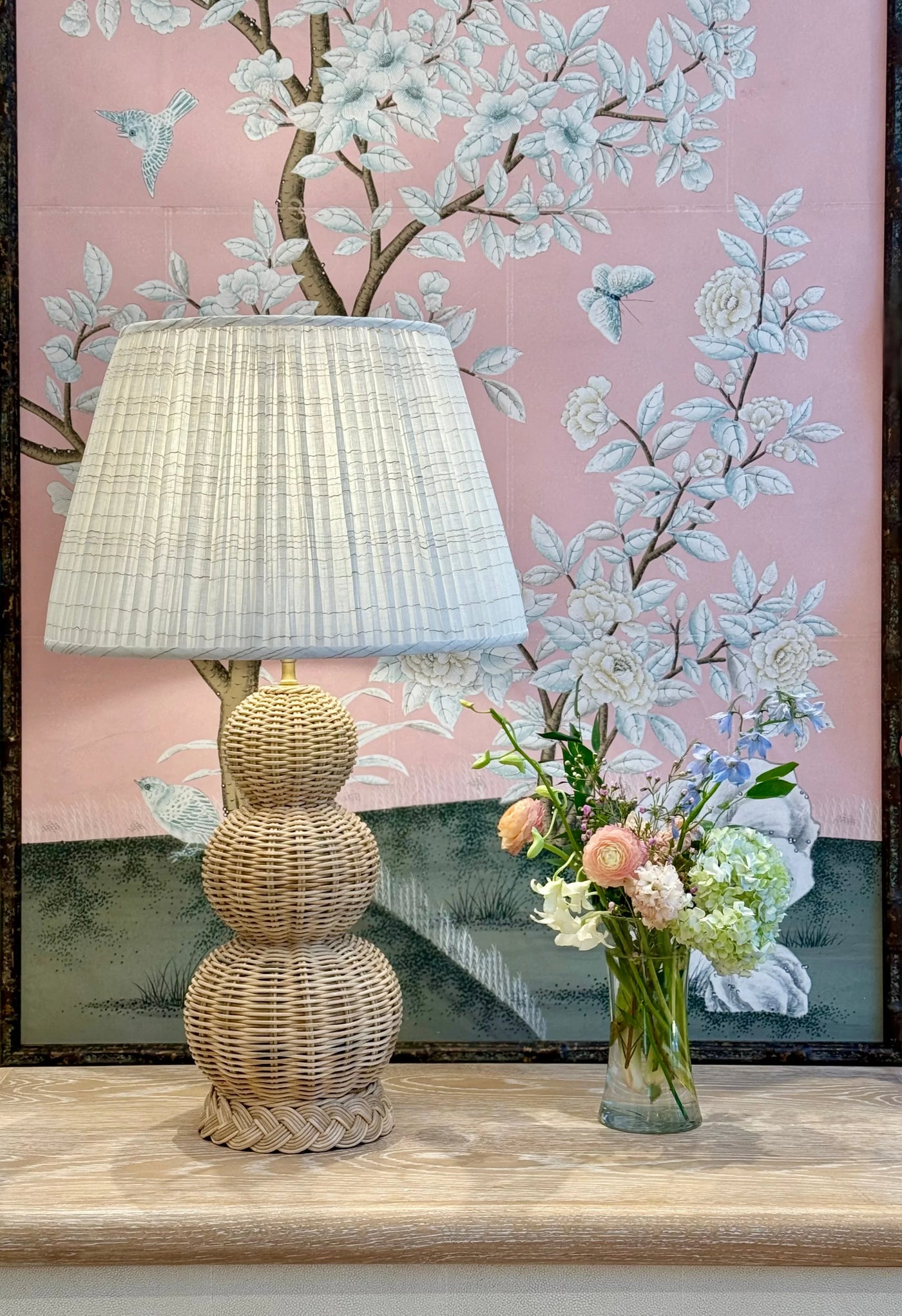 Watkins in White with Sand Stripe Fabric Lampshade on basket weave lamp