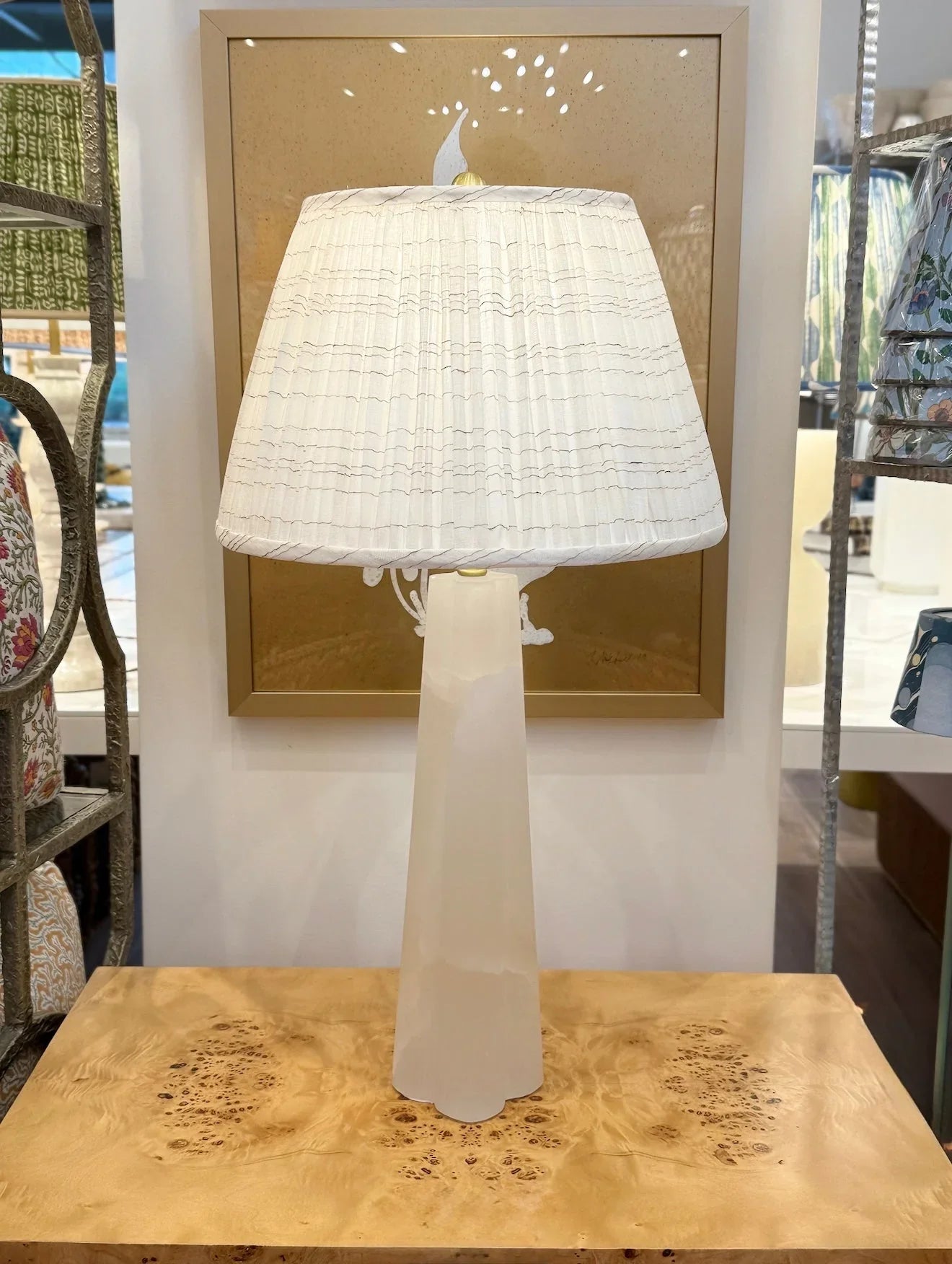 Watkins in White with Sand Stripe Fabric Lampshade on Quatrefoil Alabaster Table Lamp