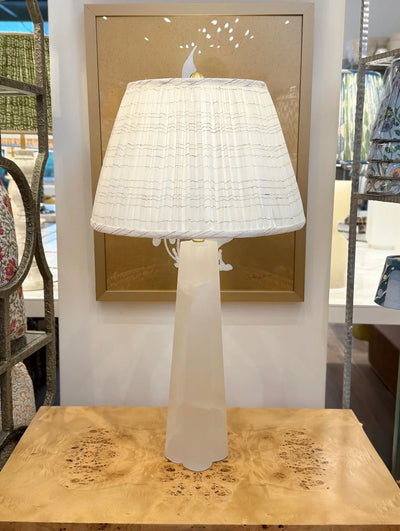 Watkins in White with Sand Stripe Fabric Lampshade on Quatrefoil Alabaster Table Lamp
