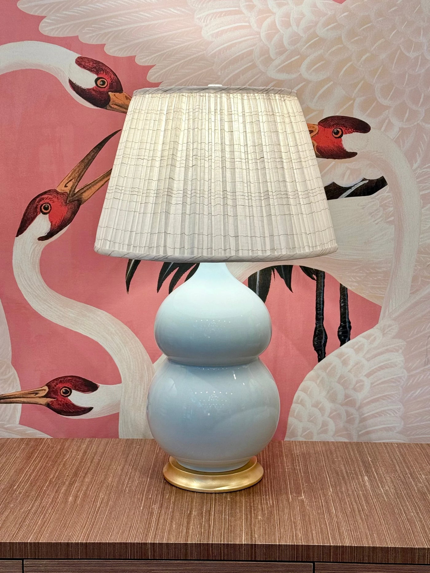 Watkins in White with Sand Stripe Fabric Lampshade on blue lamp