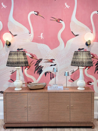 Black & Taupe Geometric Sari Lampshade with Black Trim on Penny Morrison Savitri Table Lamps