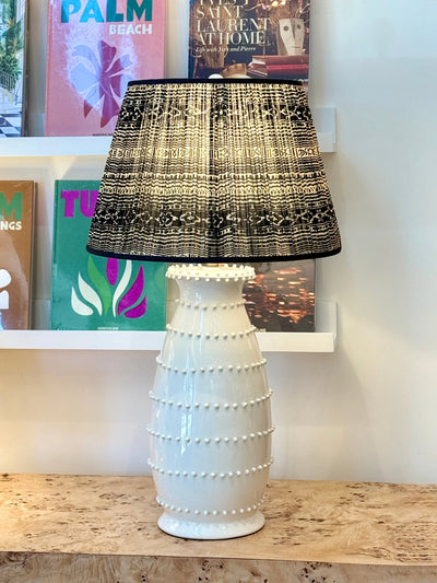 Black & Taupe Geometric Sari Lampshade with Black Trim on white caleb ceramic lamp