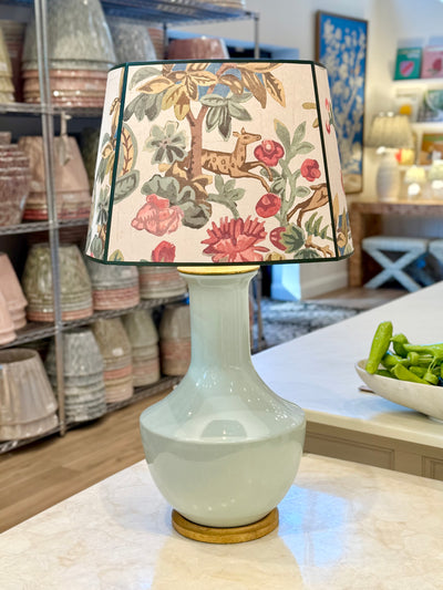 Lambay Porcelain Table Lamp in Ice Blue with Kit Kemp white lampshade