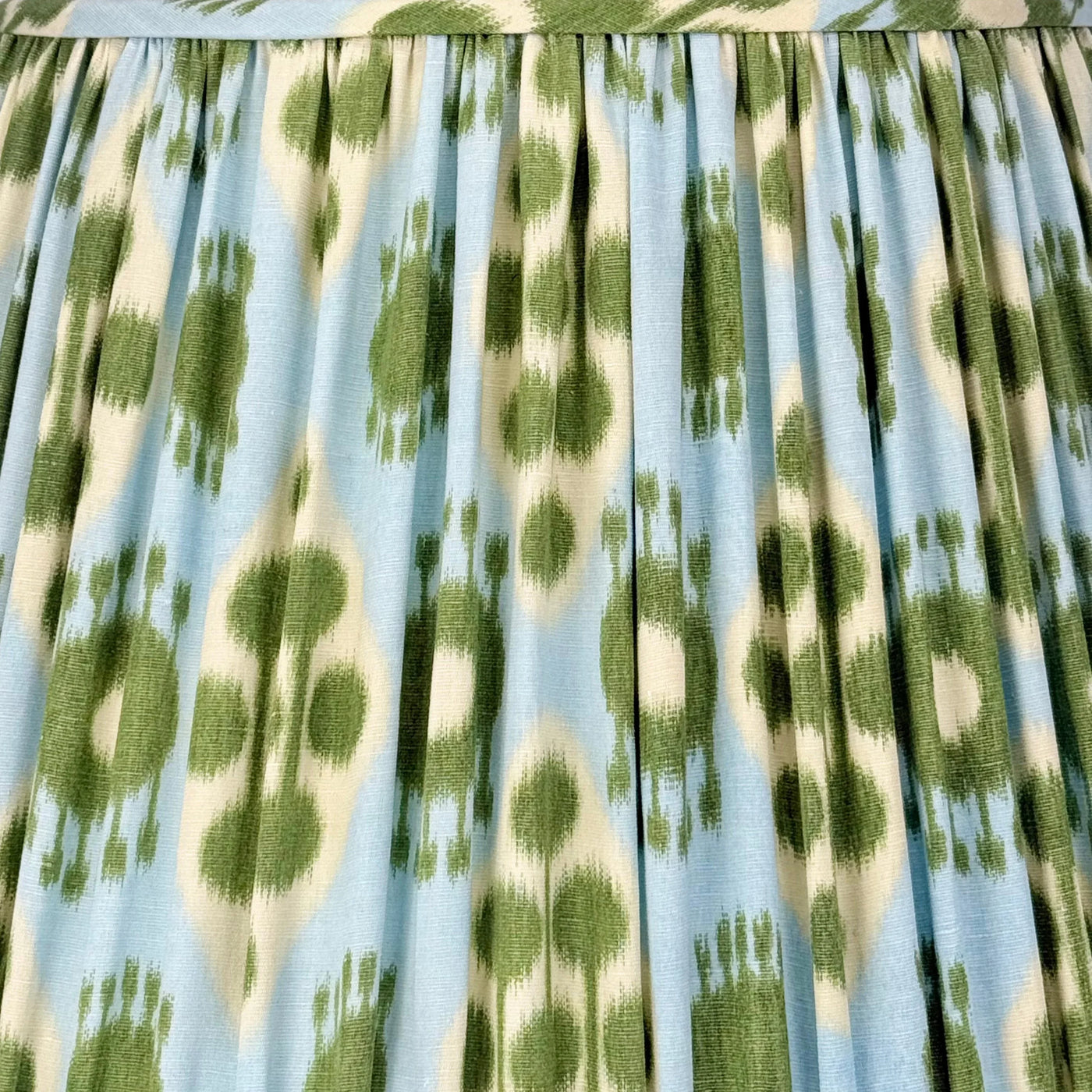 Up close Schumacher - Hamilton Ikat in Light Blue & Leaf Green Fabric Lampshade