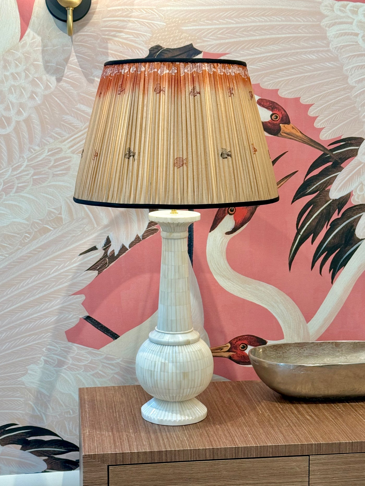 Black & Pink Fish on Taupe Sari Lampshade with Black Silk Trim