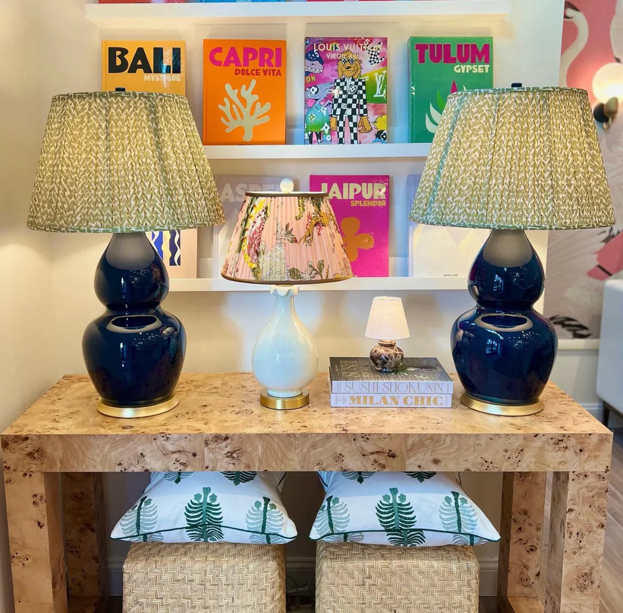 Green Fermoie Lampshades and Navy Hwang Bishop Lamps