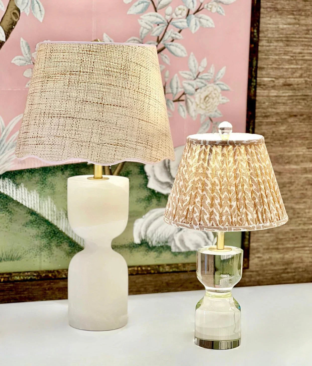 Neutral Lampshades  on an  alabaster and a crystal lamp